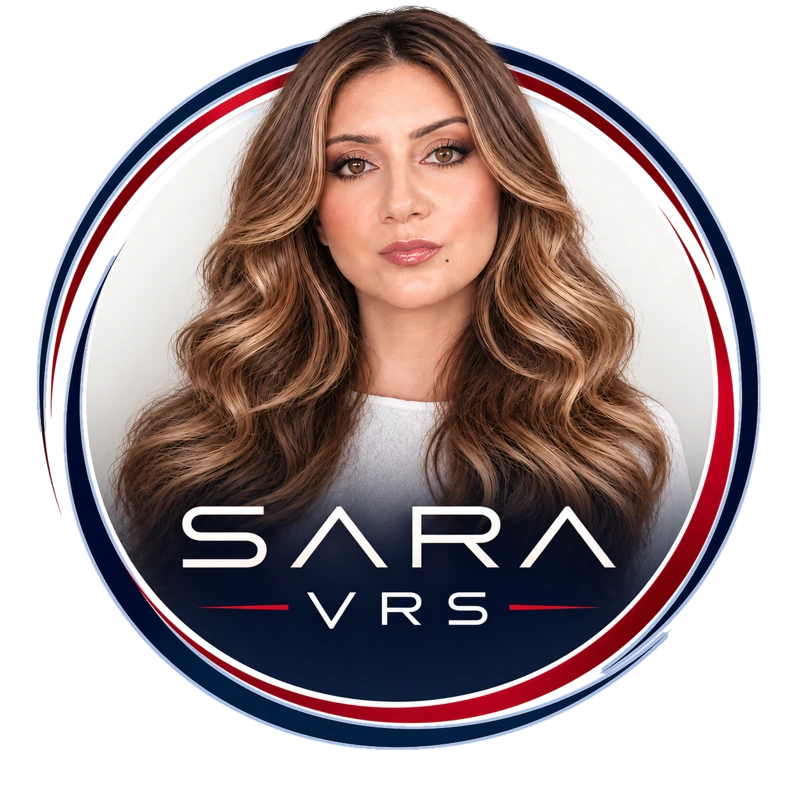 Sara VRS logo: a portrait of Sara with long wavy hair inside a navy and red ring, with the name Sara VRS.